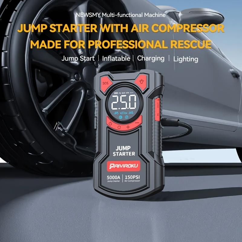 Пуско-зарядное устройство с компрессором, Автомобильный компрессор 150 PSI и Пусковое устройство 5000A с LED-фонарем, Функция Power Bank.
