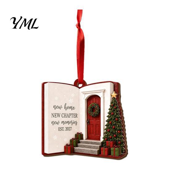 Red Lanyard Decoration Items Wooden Christmas House Ornament, 2D Castle Car Hanging Decor with Shape Ornaments String, Rustic Tree Pendant,