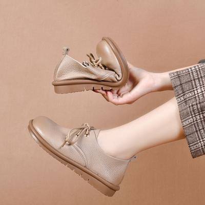 Женские туфли на плоской подошве с круглым носком, новинка осени, из мягкой кожи с мягкой подошвой, на шнуровке, удобные маленькие кожаные туфли