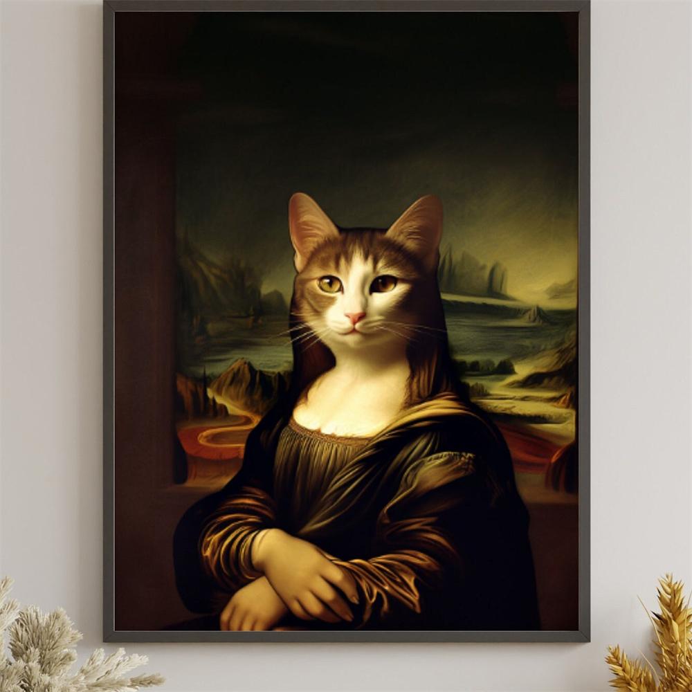 Cat With Pearl Earring Print Mona Lisa Cat Classic Art Cat Poster Renaissance Style Wall Art Parody Cat Canvas Painting Decor