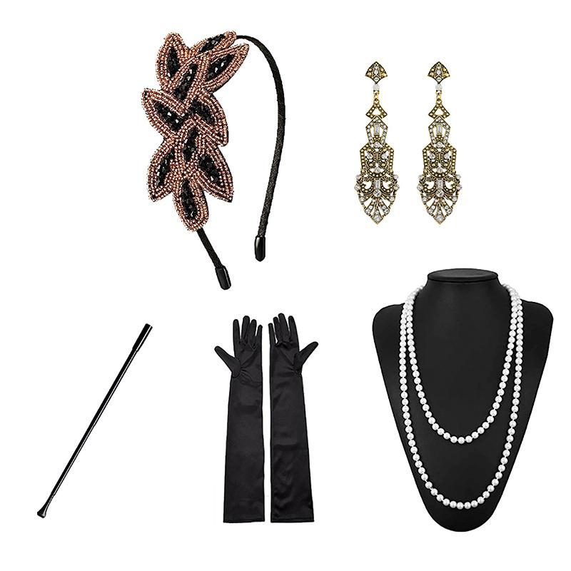 1 Set 1920'S Flapper Cosplay Costume Feather Headband Pearl Necklace Bracelet Stockings Long Glove Gatsby Masquerade Accessories