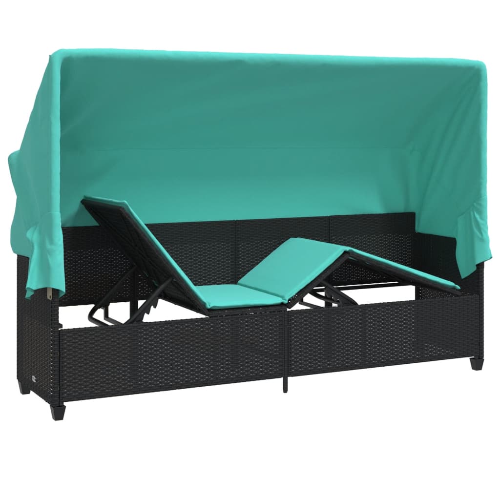 Sun Lounger with Canopy and Cushions Black Poly Rattan