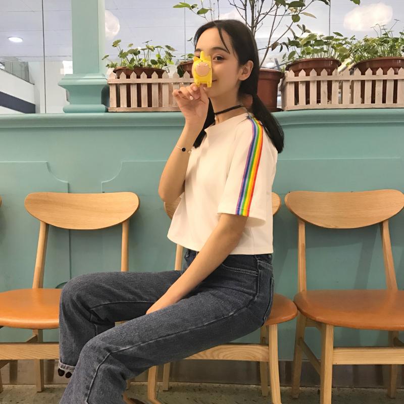 Новая летняя корейская версия свободная футболка с коротким рукавом и высокой талией для студенток, женский принт, короткий топ, открывающий живот