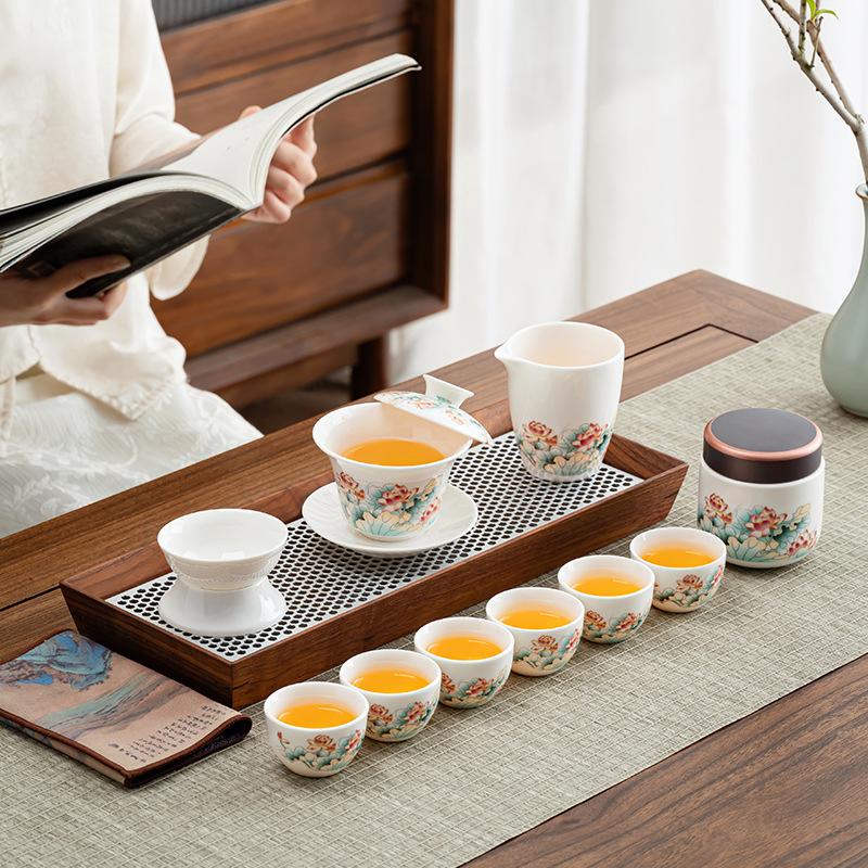 High-grade light luxury Kung Fu tea set, national tide red lotus white porcelain bubble teapot set, travel portable gift box merchandise ordering