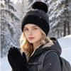 Зимний вязаный комплект: шапка с помпоном и перчатки для сенсорного экрана для женщин, теплая шапка с отворотами на уши, 2 предмета