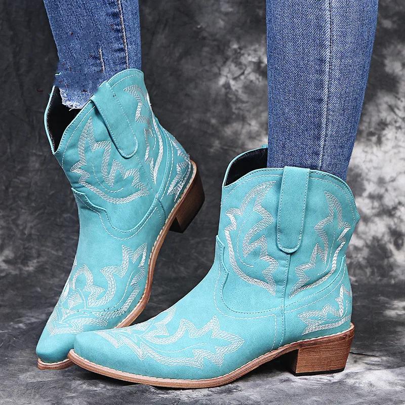 Fashion Vintage Embroidery Cowboy Woman Boots 2024 Autumn Winter Thick Heels Ankle Boots For Women Red PU Leather Western Botas Mujer