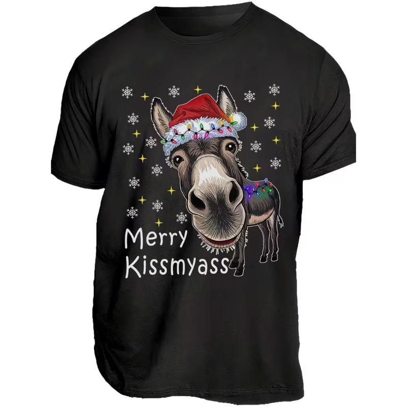 Мужская Женская Смешная Рождественская Футболка с Ушами Осла и Merry Kissmyass Юмористическая Новинка Вечеринка Одежда и Розыгрыши Хлопковая Футболка Свободный Верх