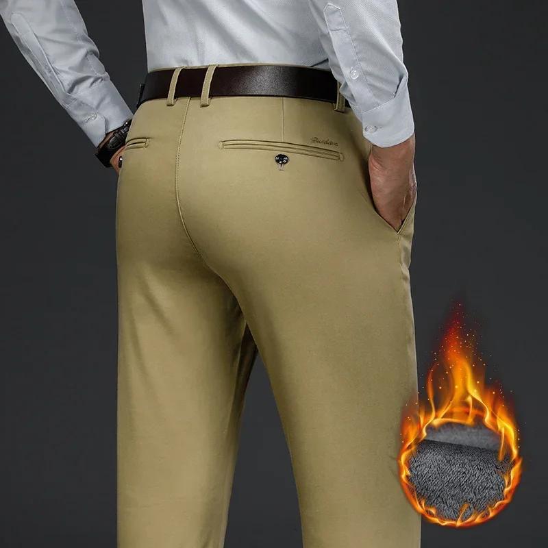 Классический стиль зимние теплые мужские деловые прямые повседневные брюки из эластичной ткани офисные брюки флисовые утепленные брюки