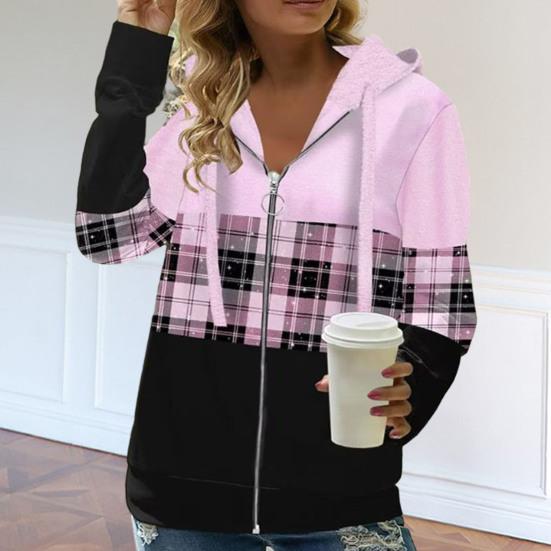Осенние женские толстовки с капюшоном, модная куртка-кардиган с клетчатым узором на молнии и планкой, обычная посадка с длинными рукавами, повседневное пальто с капюшоном, весенне-осенняя женская одежда