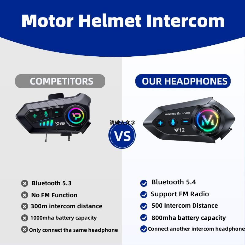Y12 500M Two Rider Wireless Bluetooth 5.4 Motorcycle Helmet Headphone IPX6 Waterproof 800mAh Noise Canceling RGB Color FM Radio Headset