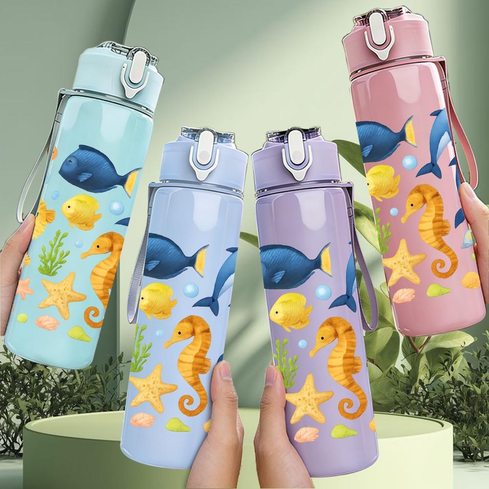 1PC Ocean Marine Animal Pattern 750ml Color Plastic Sports Water Bottle Leakproof Flip Straw Lid Suitable for Sports Office Home Use
