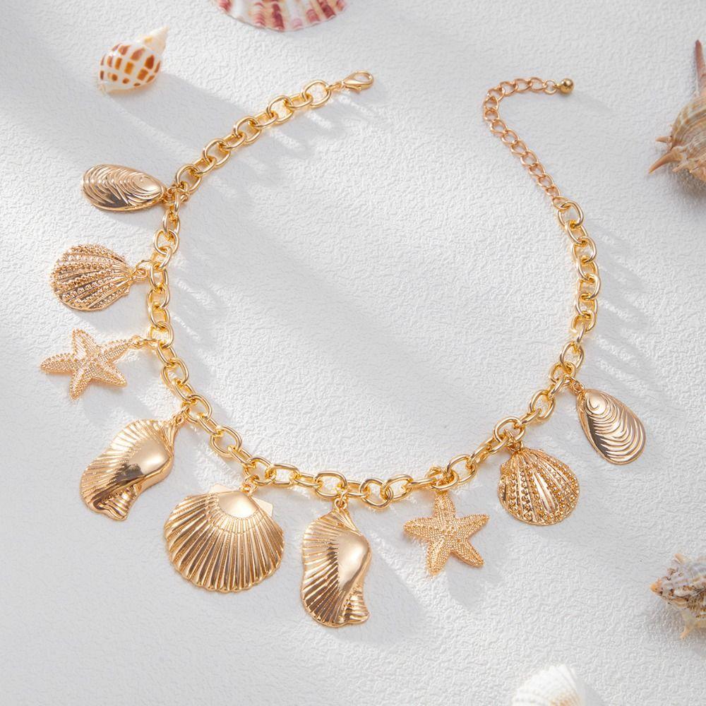 Beach Style Pearl Shell Necklace Double Layer Exaggerate Metal Necklace Starfish Necklace  Women