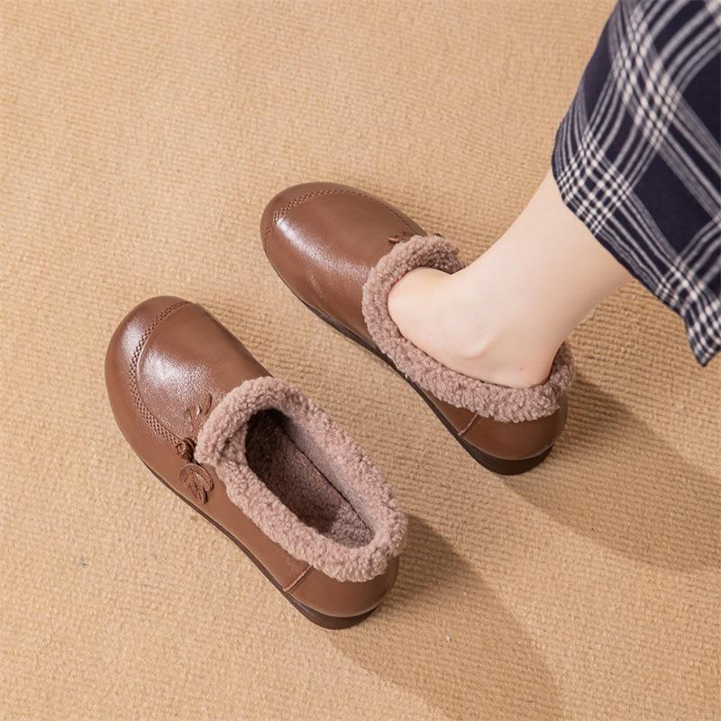 Мамины туфли осень и зима новые хлопковые туфли средней и мягкой подошвы женские удобные на плоской подошве кожаные теплые для улицы Мао Мао одинарные туфли