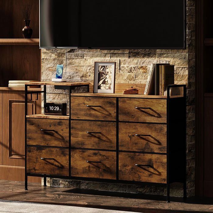 WOLTU Commode à 8 Tiroirs en Tissu, avec Station de Charge, Métal et Bois d'Ingénierie E1, Marron Rustique et Noir W0ITT5001