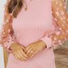 Women Spring Summer Pullover Tops O-neck Flower Decor Mesh Sleeve Chiffon Tops Solid Color Slim Fit Breathable Blouse