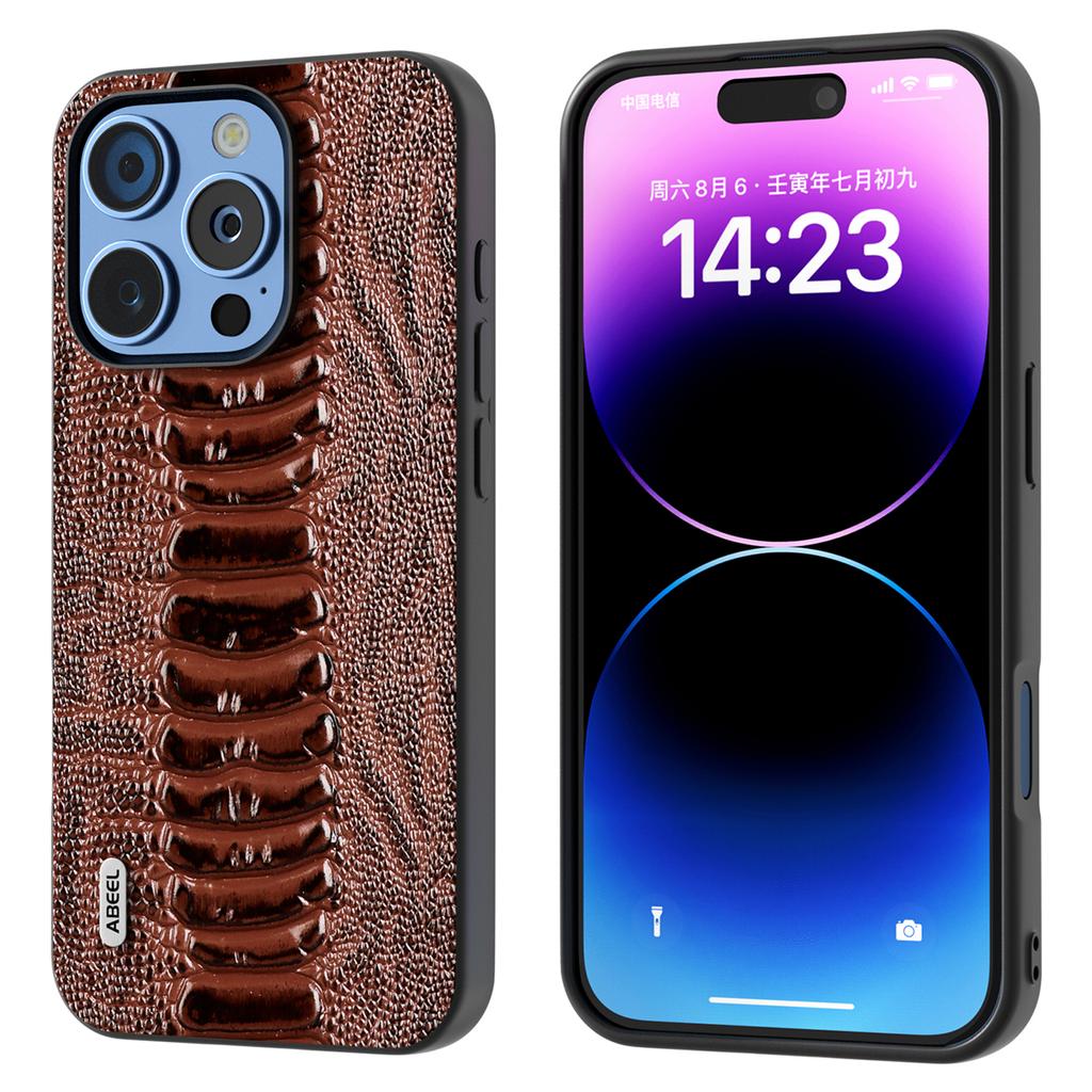 ABEEL For iPhone 16 Pro Case Crocodile Texture Genuine Cow Leather+TPU+PC Phone Cover