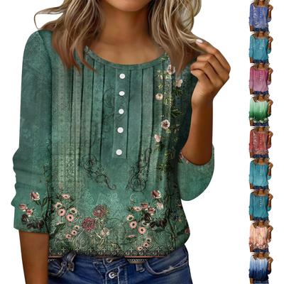 Женский топ с круглым вырезом, декоративными пуговицами и полосками, повседневная футболка однотонного цвета с рукавом 3/4