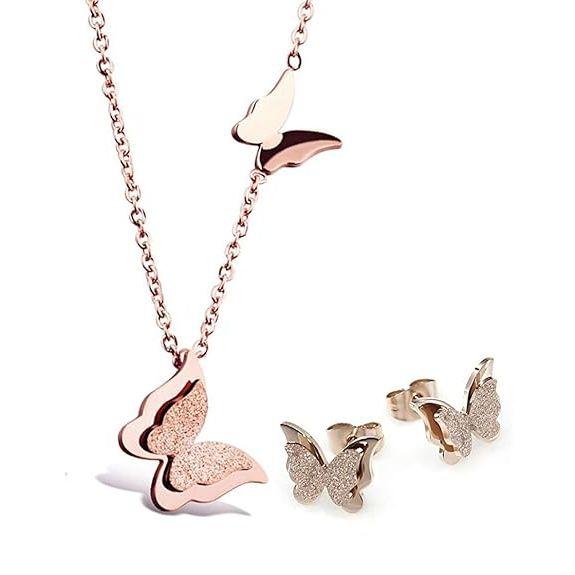 Jewellery Stylish 18k Rose Gold Plated Butterfly Necklace Jewellery for Women and Girls (Pendant and Earrings)