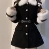 2023 Winter Black Elegant Coats Women Casual Sweet Warm Long Sleeve Fur Collar Dress Coat Korean Fashion Jacket Outwear Chic New