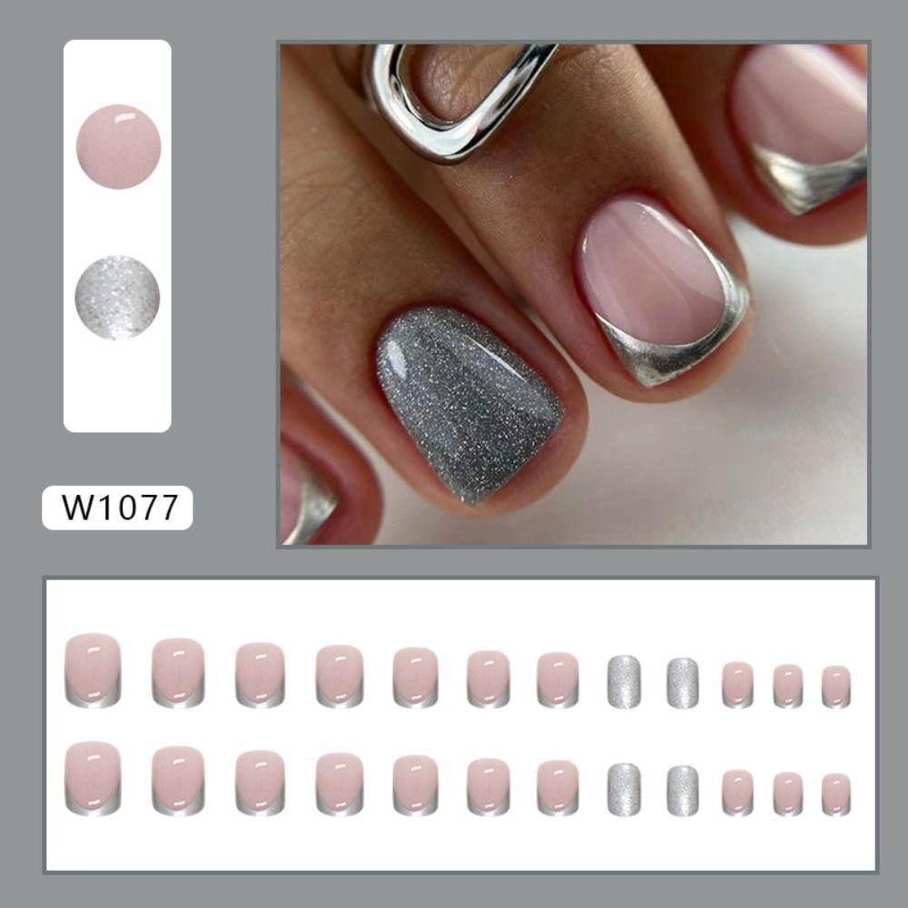 French Wavy Fake Nails Short Round Nail Tips Manicure False Nails for DIY