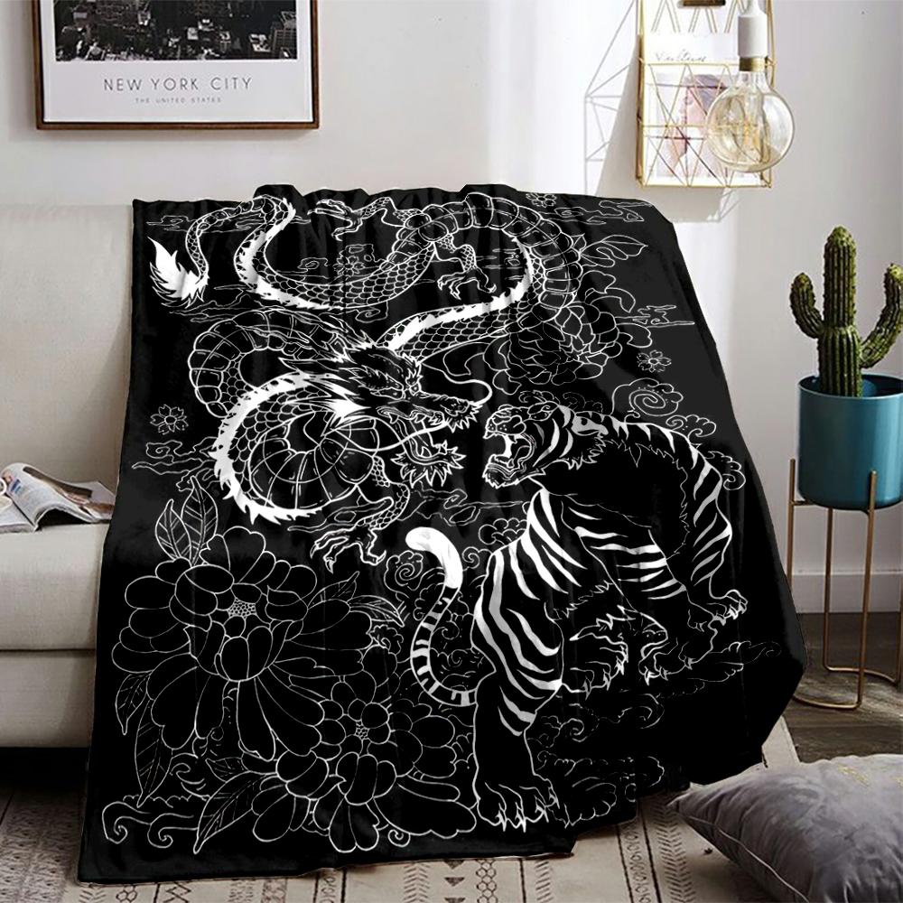 Dragon and Tiger Pattern blanket with Floral Design, Black and White Style blanket, suitable for use in the bedroom, living room, on the sofa