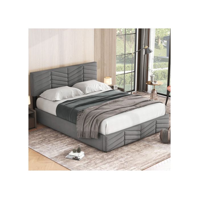 Lit - MUVOE - 140 x 190 cm - Tête de lit réglable - Velours rayé - Fonction de stockage