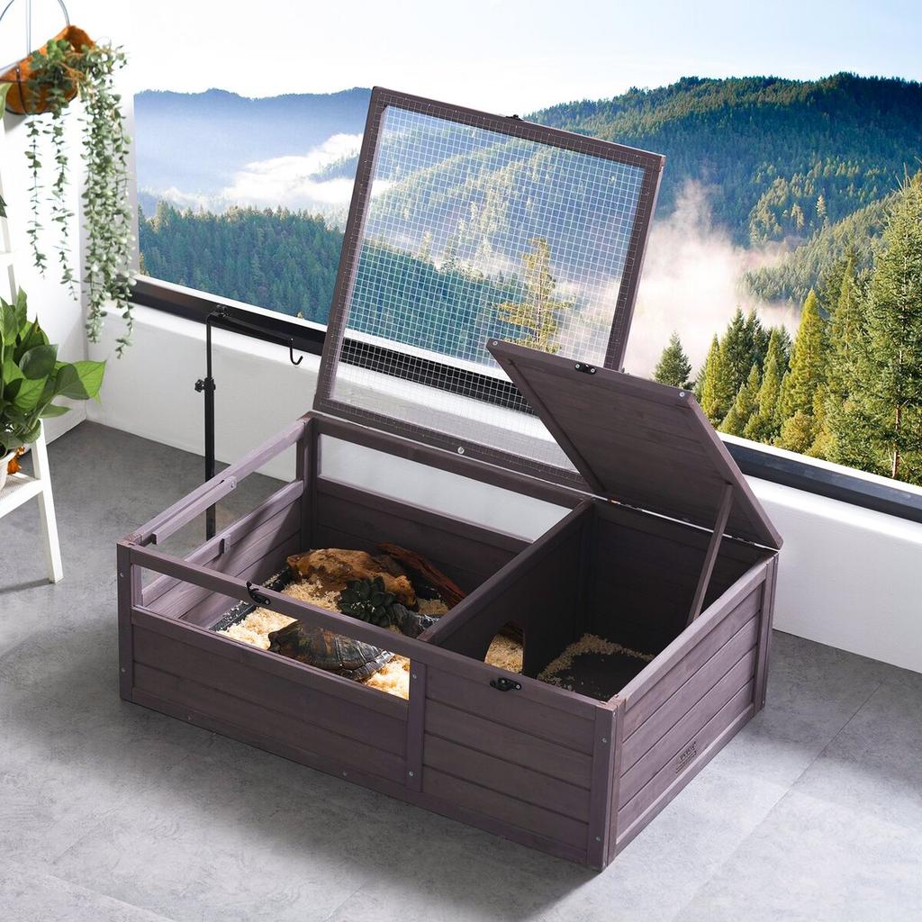 Tortoise Habitat Wooden Tortoise House Indoor & Outdoor 2-Room 38x24x13in