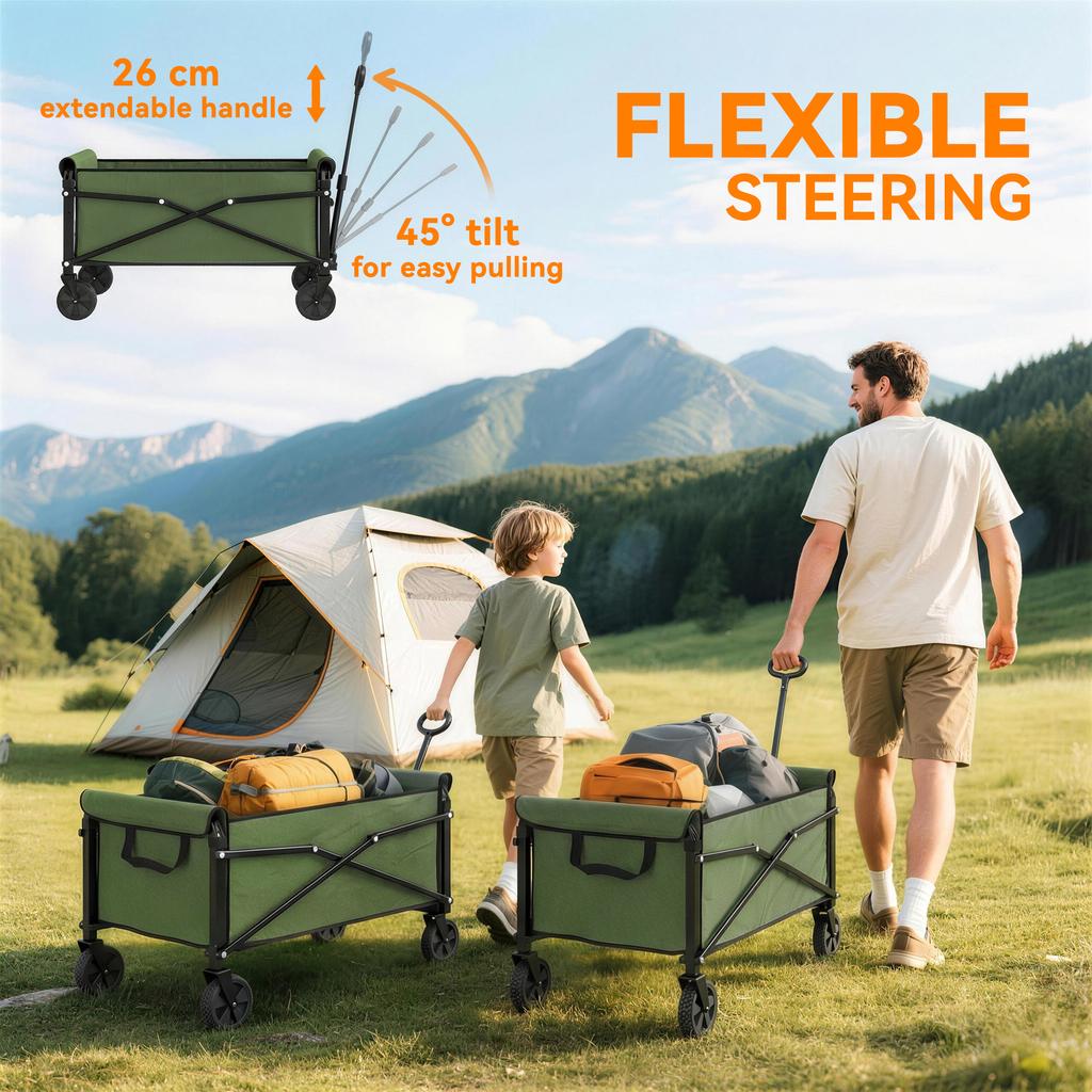 81L Festival Trolley on Wheels, Compact Garden Folding Trolley Cart with Adjustable Handle 80L Green