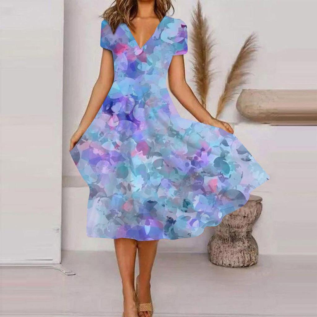 Women's Summer Casual Fashion Floral Print Short Sleeve V-Neck Swing Dress