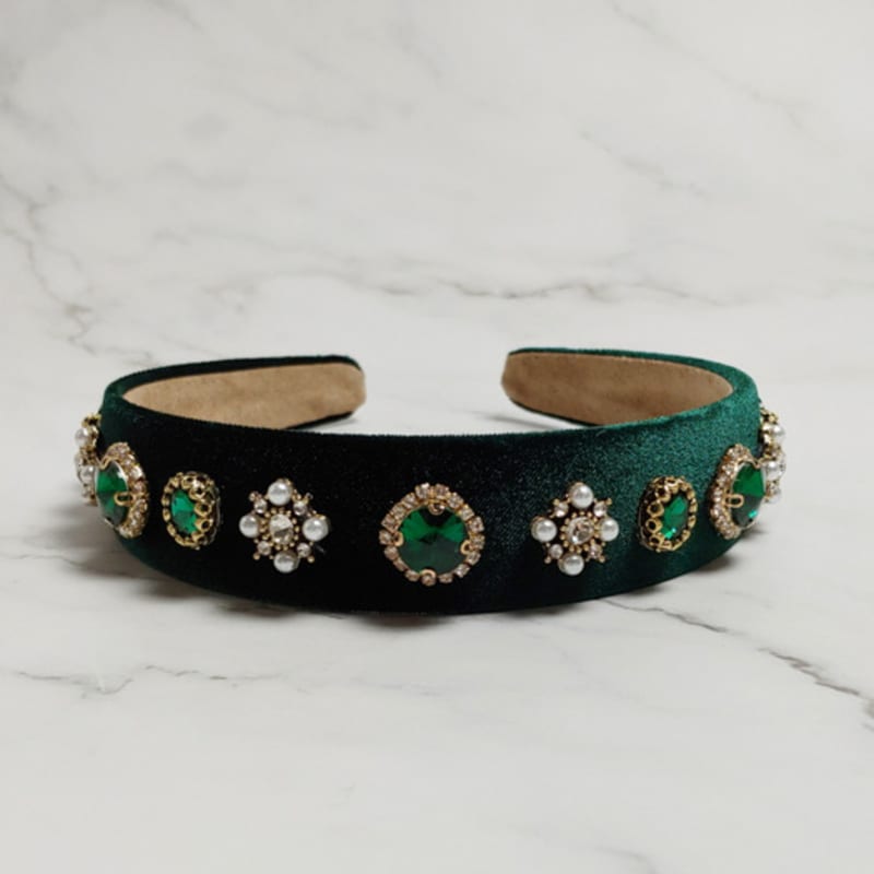 ЛАЛА Бархатная Жемчужная Драгоценная Повязка на Голову - Зеленая