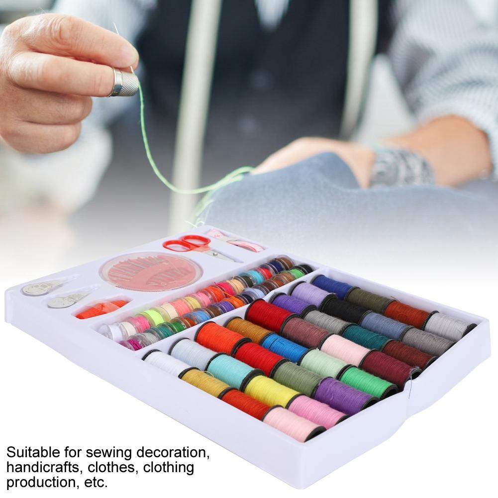 64 Rolls Portable Sewing Box Thread Spools Scissor Needles Accessories Set for Hand Stitching Embroidery Craft