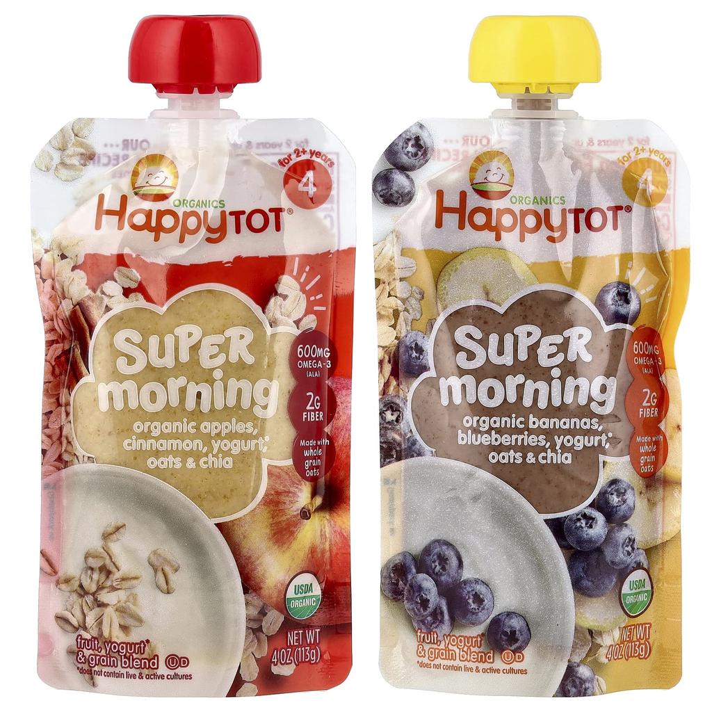 Happy Family Organics Happy Tot® Супер Утро, Возраст 2+, Фрукты, Йогурт, Зерновая смесь, Ассорти, 8 упаковок, 4 унции (113 г) Каждый