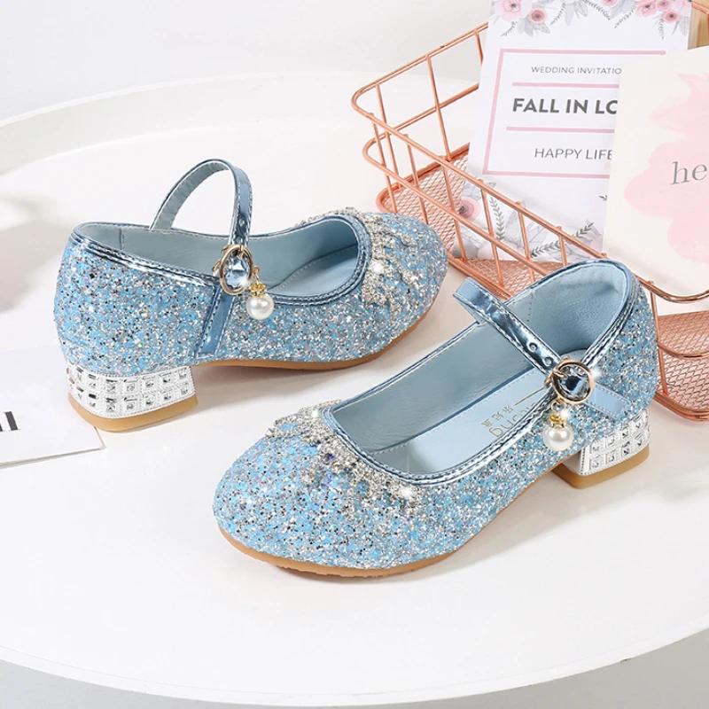 Элегантные детские туфли на высоком каблуке, модные блестящие туфли для вечеринок и свадеб, универсальные туфли принцессы для девочек, весна-осень, детские кожаные туфли