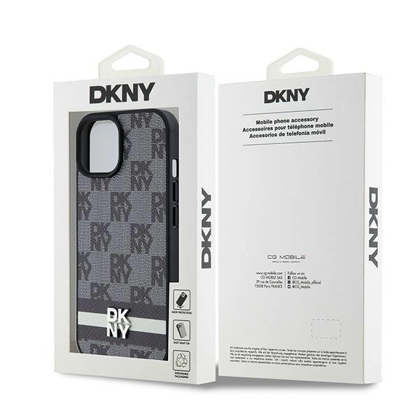 Dkny Leather Checkered Mono Pattern & Printed Stripes Case For Iphone 15 Plus / 14 Plus - Black