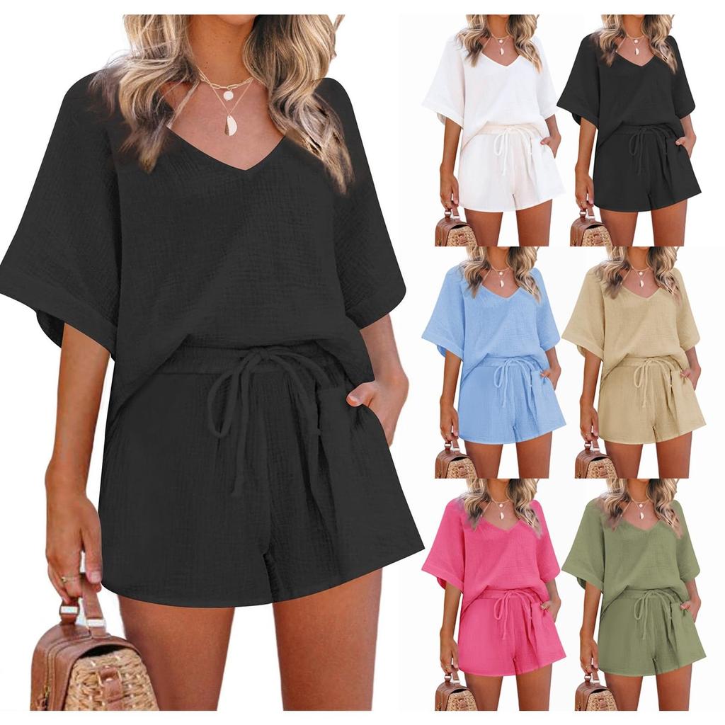 Women's 2 Piece Solid Color Racksuit Short Sleeve Casual Shorts Set V Neck Beach Outfits