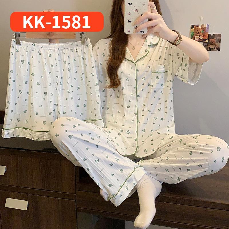 Sweet love full print casual wrinkled pajamas women's spring summer short-sleeved three-piece loungewear real shot