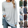 2024 Autumn And Winter New Striped Contrasting Round Neck Long Sleeved Loose T-Shirt Top For Women