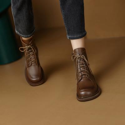 Мода НОВЫЕ Осенние Туфли Женские Ботильоны из Спилковой Кожи с Круглым Носком и Толстым Каблуком Женская Обувь Зимние Однотонные Ботильоны на Шнуровке Ботинки в Западном Стиле Женские