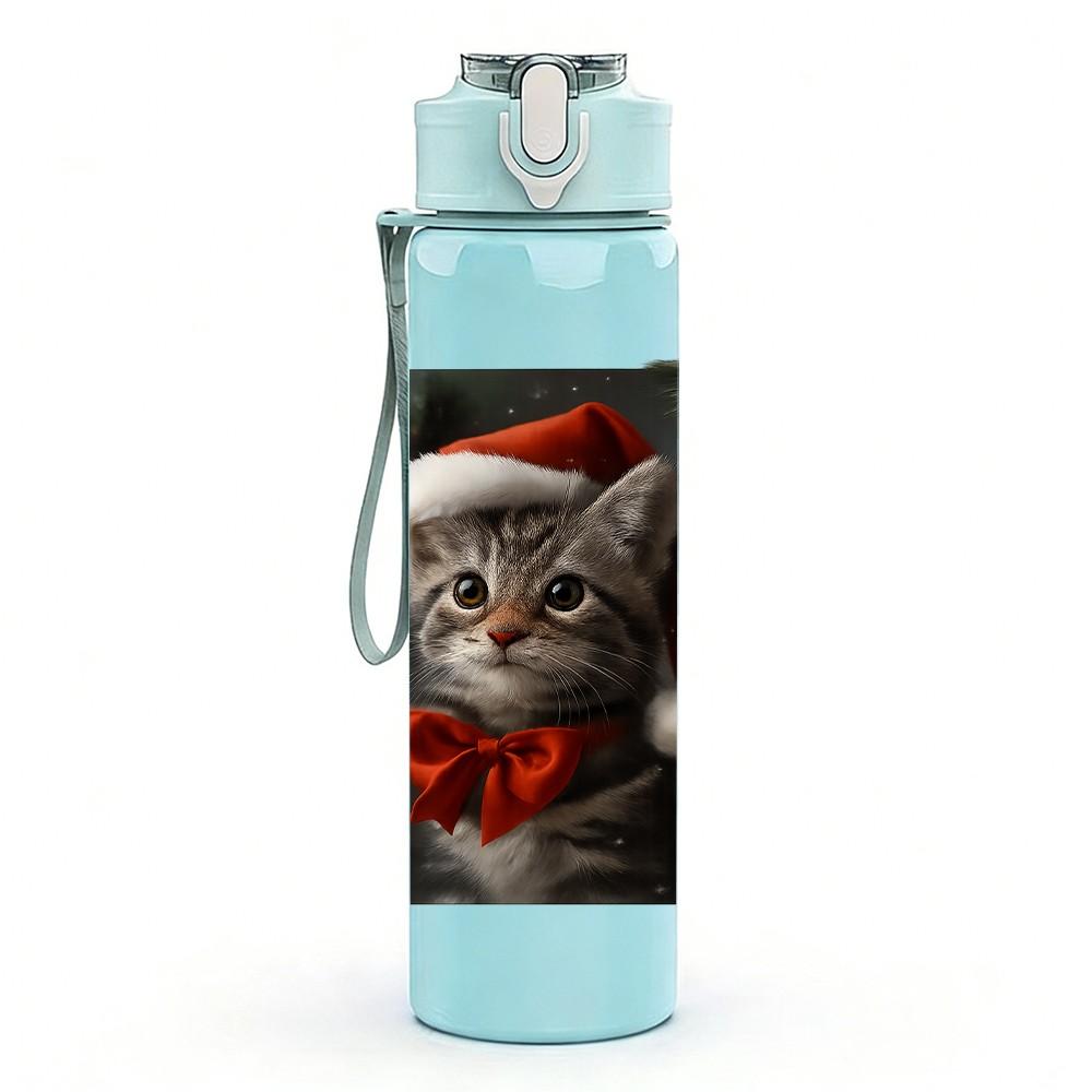 1PC Christmas Santa Hat Kitten Portrait 750ml Color Plastic Sports Water Bottle Leakproof Flip Straw Lid Suitable for Sports Office Home Use
