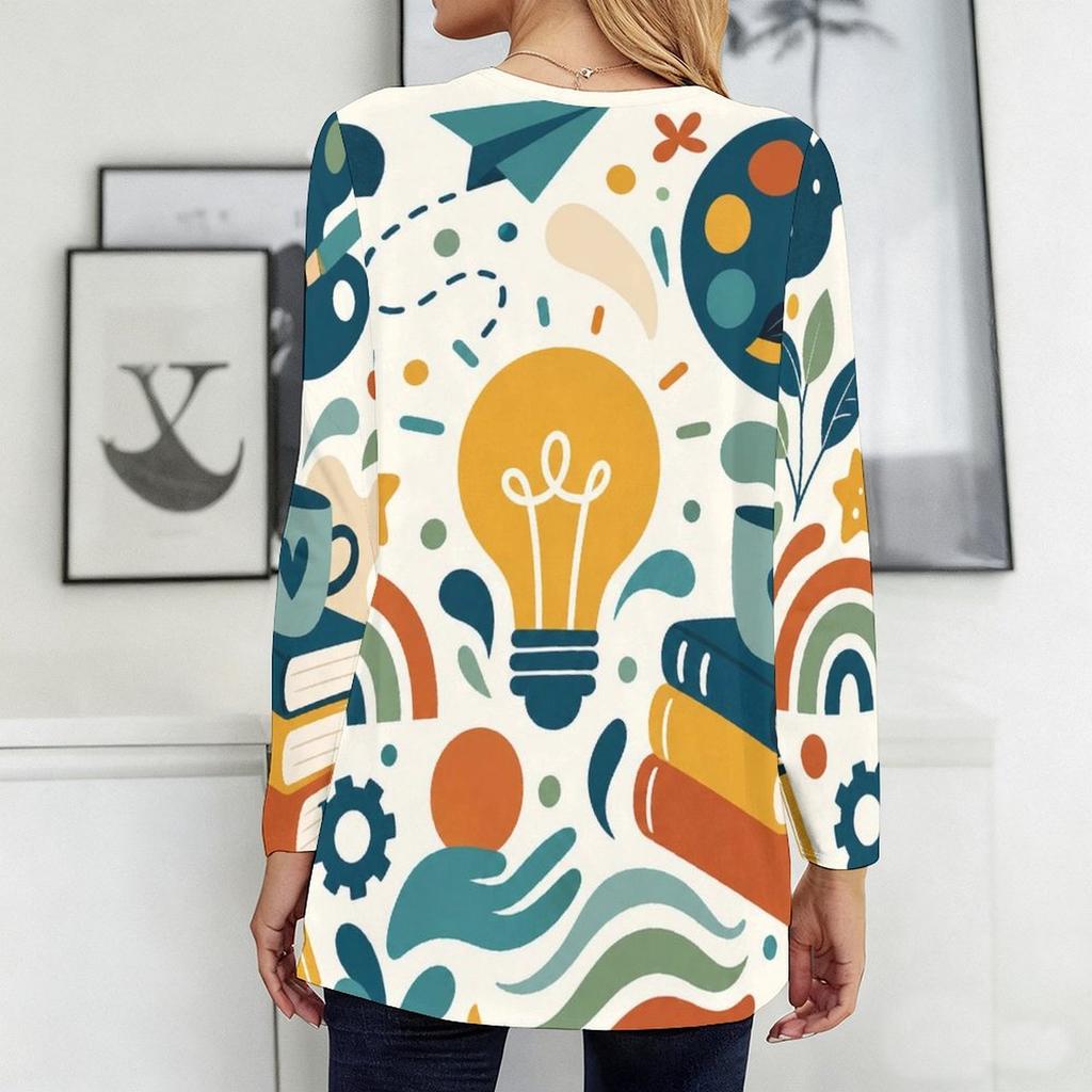 Women Plus Size Cream White Round Neck Long Sleeve Printed Loose Longline T Shirt With Pockets