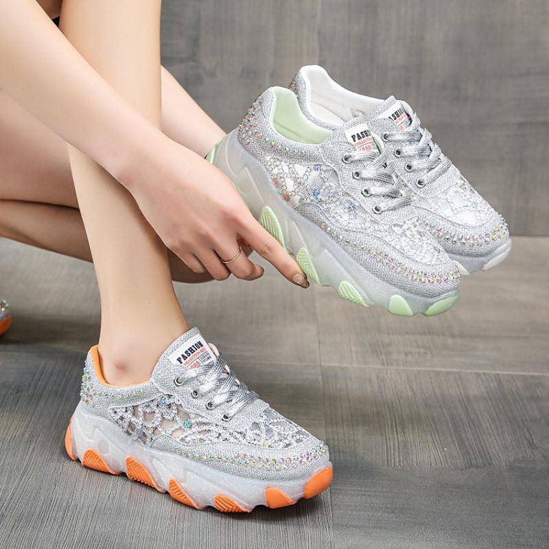 Женские кроссовки на платформе, осенние, толстые, вулканизированные, женские, нескользящие, спортивные туфли, женские, повседневные, со стразами, спортивные туфли