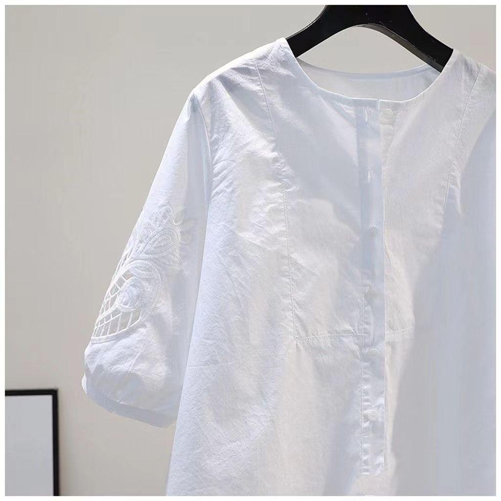 Фиолетовая полая хлопковая рубашка с вышивкой, женская летняя дизайнерская свободная рубашка с круглым вырезом, топ