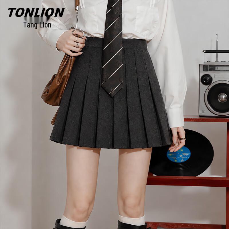 TonLion Women's High-Waisted Woolen Pleated A-Line Mini Skirt