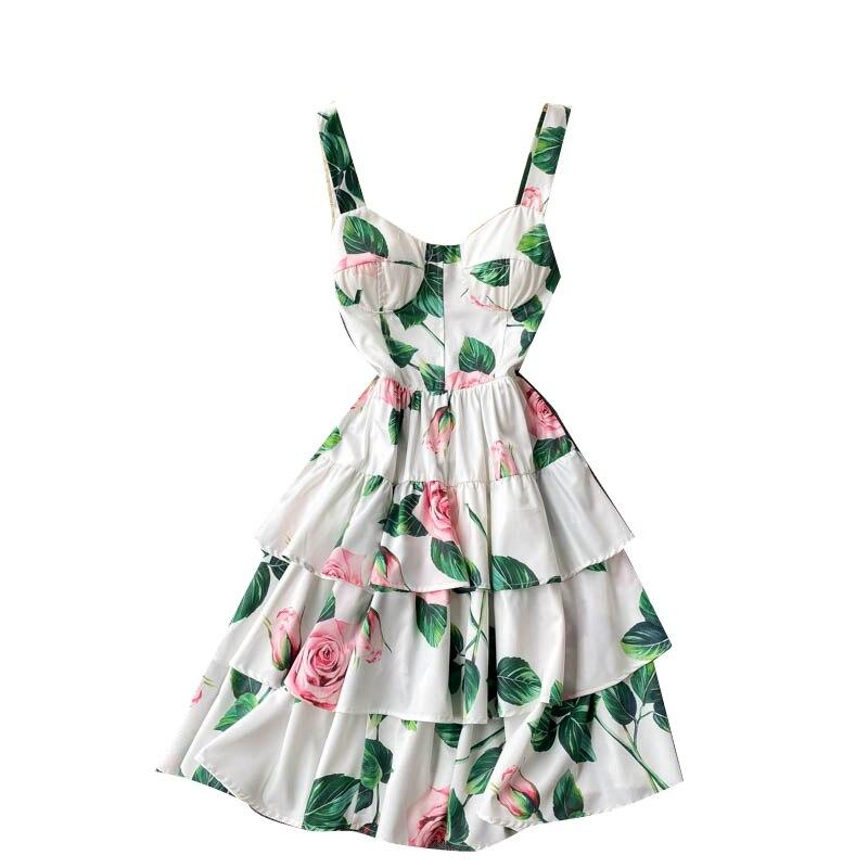 Ladies Elegant Printed Printed Dress Summer New Slim Short Multi-layer Ruffled Holiday Sling