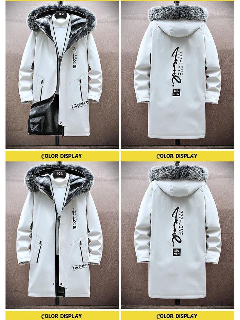 Men's Winter Fleece-Lined Hooded Mid-Length Printed Cotton Coat - Trendy & Warm Casual Jacket