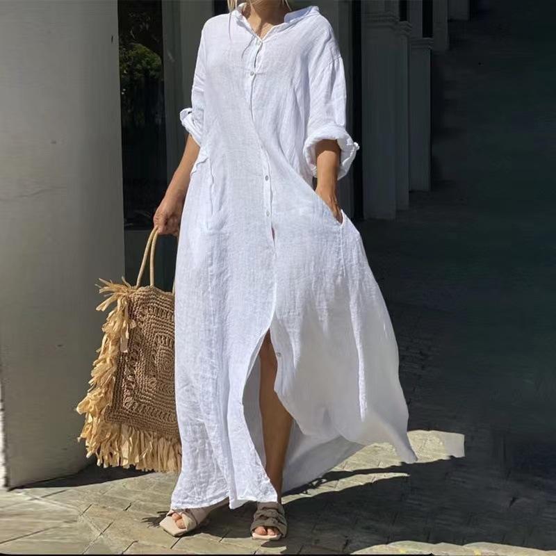 Women's Spring Summer Cotton Linen Maxi Dress Shirt Collar Long Sleeve Button Down Loose Plus Size Casual Dress with Pockets for Daily Vacation Wear