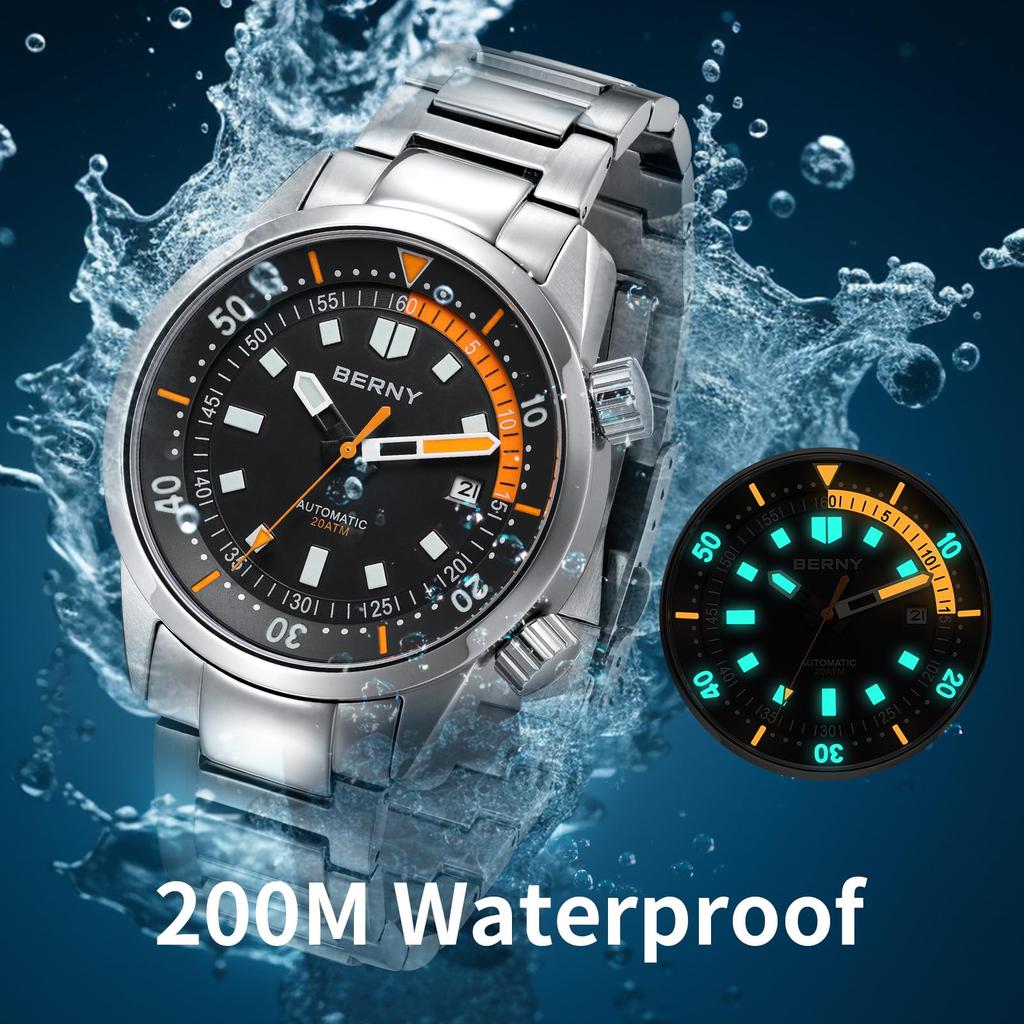 BERNY Watch Automatic Watch Diving Watch Automatic Mechanical Watch 20ATM Waterproof Sapphire Glass Super Luminous Watch Diver's Men's Men's Diver's
