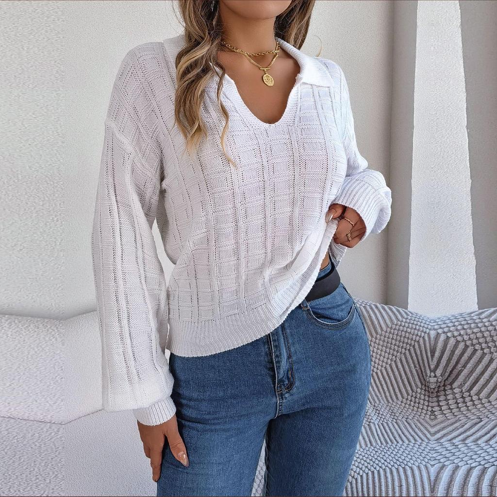 Женский осенне-зимний повседневный свитер-поло в клетку с длинным рукавом и вязаным свитером