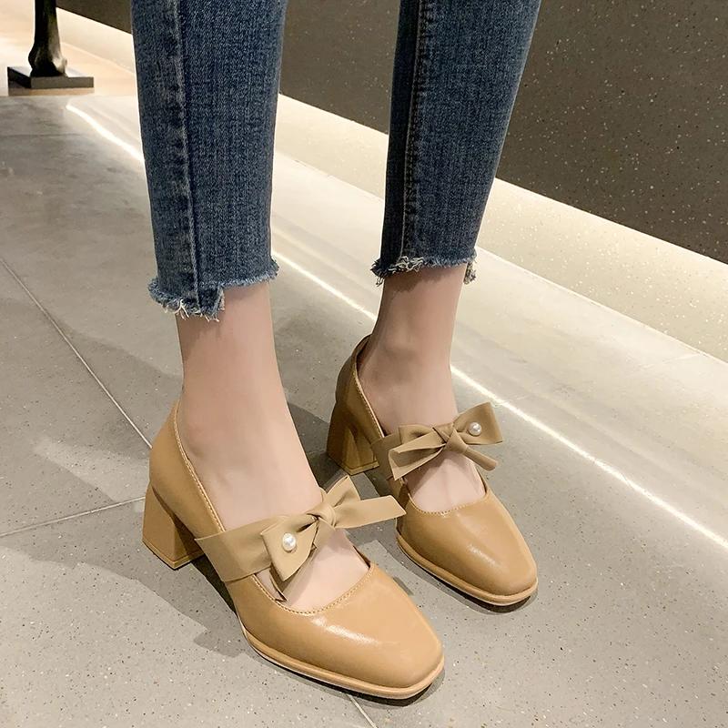 Fashion Mary Jane Woman Footwear Bride Square Toe with Bow Block Heel Shoes for Women Japanese Style Lolita Creamy-white Gothic Trend 40