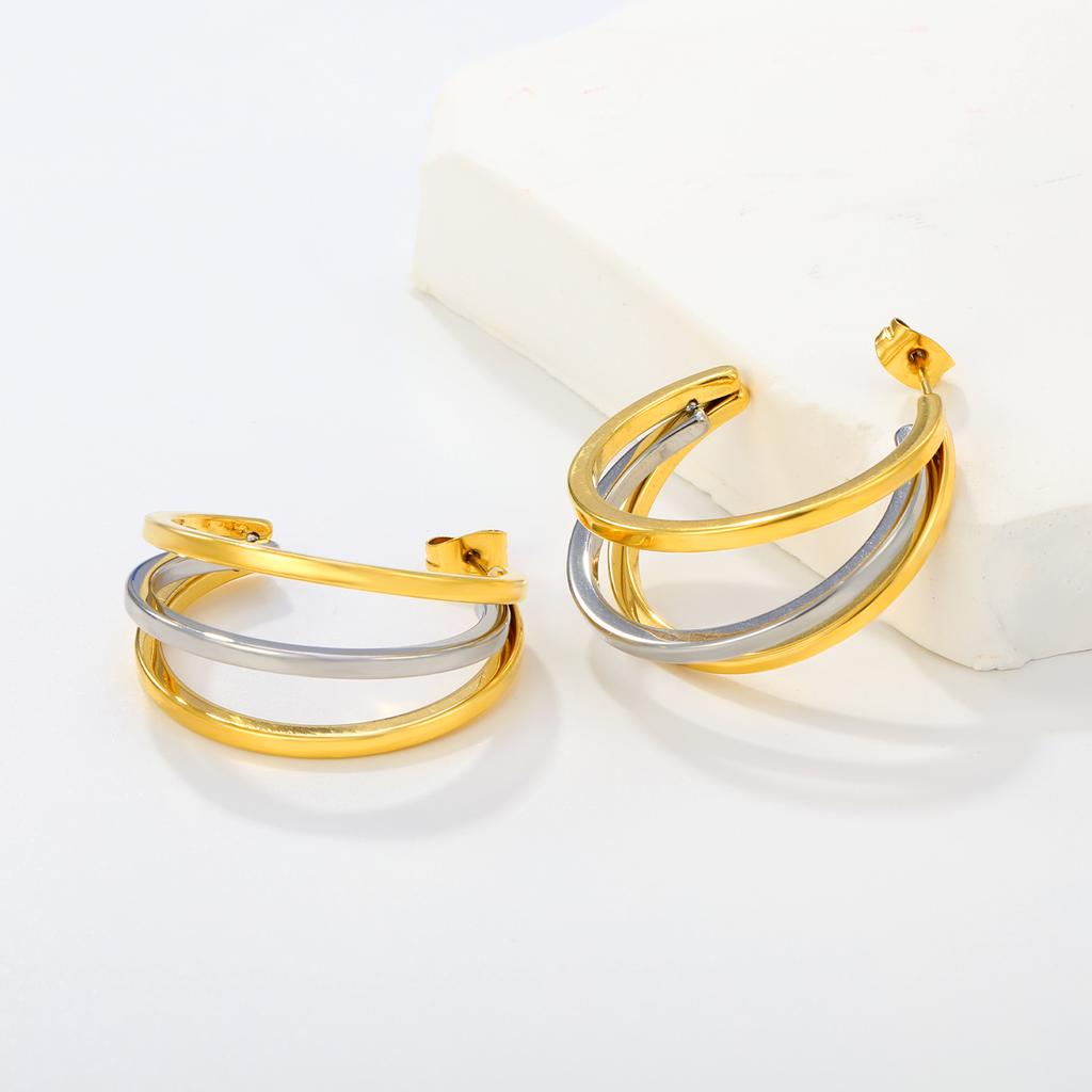 Simple Gold Plated Triple Hoop Earrings for Ladies Woman Multi-layer Circle Round Drop Earring Two Tone Color Ears Jewelry Gifts